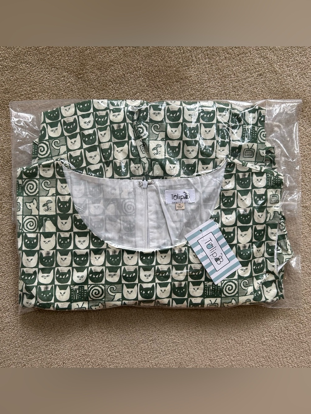 NWT Tulip B Vintage A Line Whimsical Green Cat Novelty Print Midi Dress Size XL - Picture 10 of 10